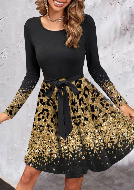 

Mini Dresses Leopard Glitter Long Sleeve O-Neck Mini Dress in Black. Size: M