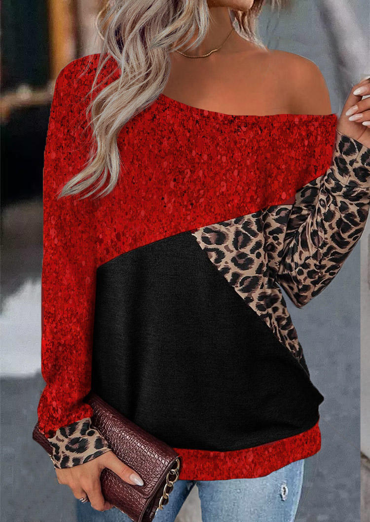 

Blouses Leopard Color Block Long Sleeve Blouse in Multicolor. Size: L,M,,XL