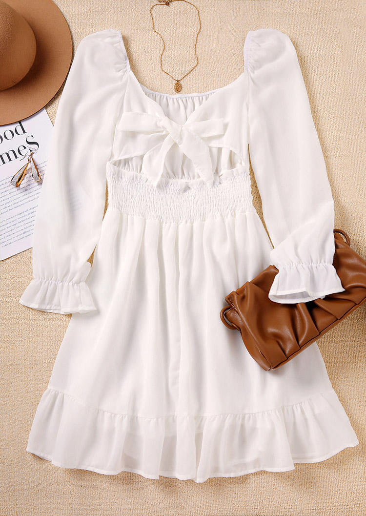 

Mini Dresses Smocked Ruffled Open Back Tie Mini Dress in White. Size