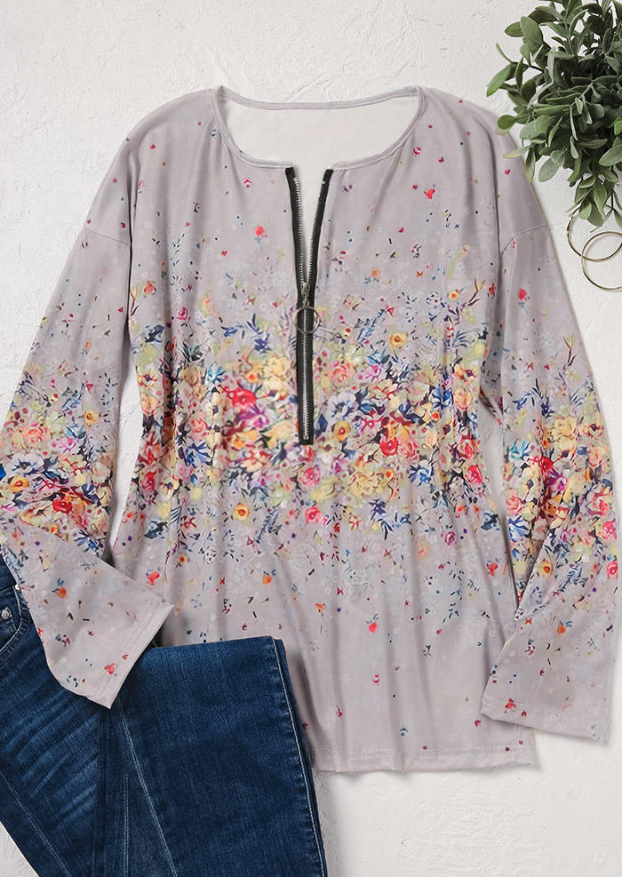 

Blouses Floral Zipper Drop Shoulder Blouse in Multicolor. Size: L,,XL