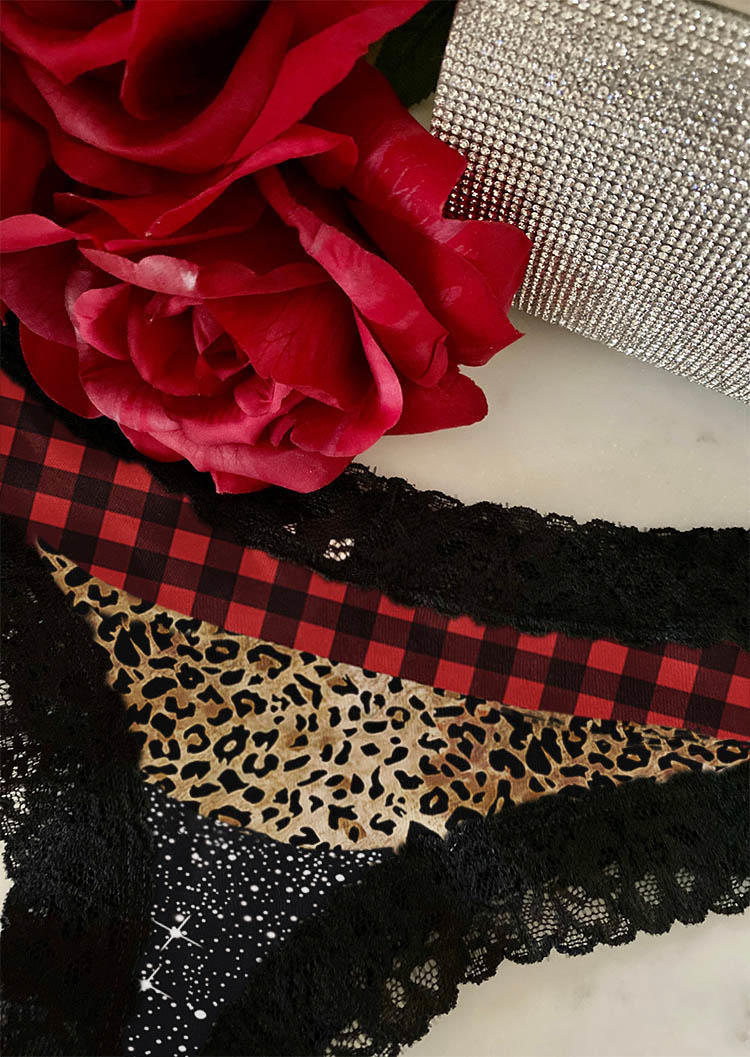 Panties Plaid Leopard Glitter Lace Splicing Panties in Multicolor. Size: M,S,XL