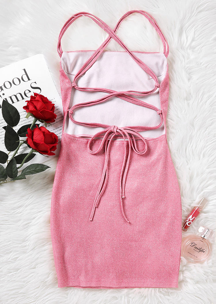Glitter Criss-Cross Open Back Tie Bodycon Dress - Pink