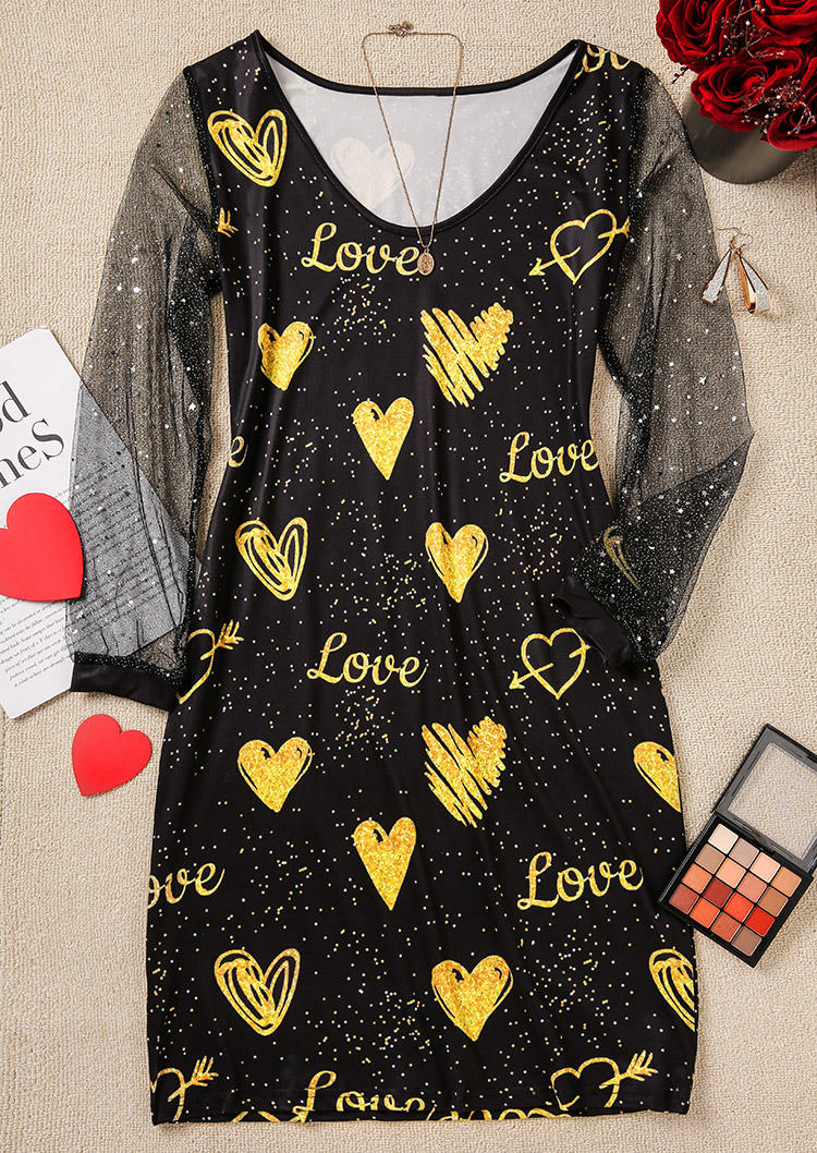 Mini Dresses Valentine Love Glitter Heart Mesh Splicing Mini Dress in Multicolor. Size: L,M