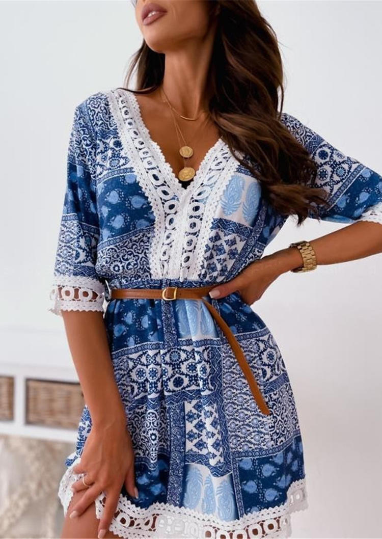 Lace Splicing V-Neck Mini Dress With Belt - Blue