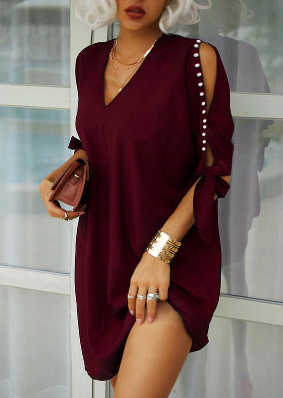Pearl Hollow Out Tie V-Neck Mini Dress - Burgundy