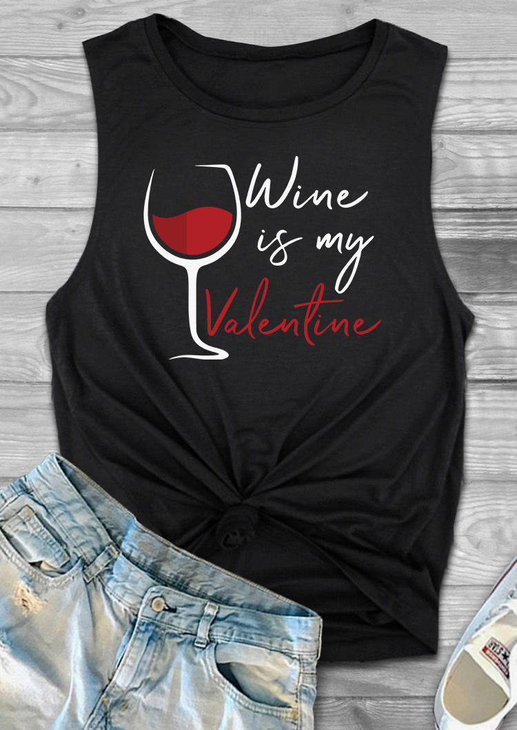 Tank Tops Wine Is My Valentine Glass Tank Top in Black. Size: L,M,S,XL