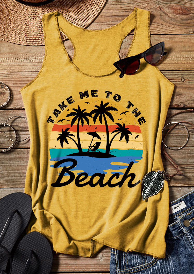 Tank Tops Take Me To The Beach Coconut Tree Racerback Tank Top in Yellow. Size: L,M,S,XL