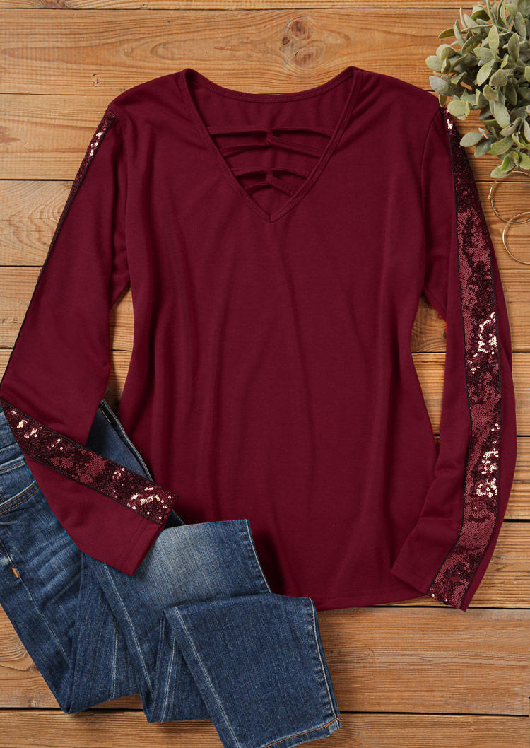 

Blouses Glitter Criss-Cross Hollow Out Blouse - Burgundy in Red. Size