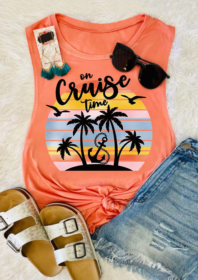 Tank Tops On Cruise Time Coconut Tree O-Neck Tank Top in Orange. Size: L,M,S,XL