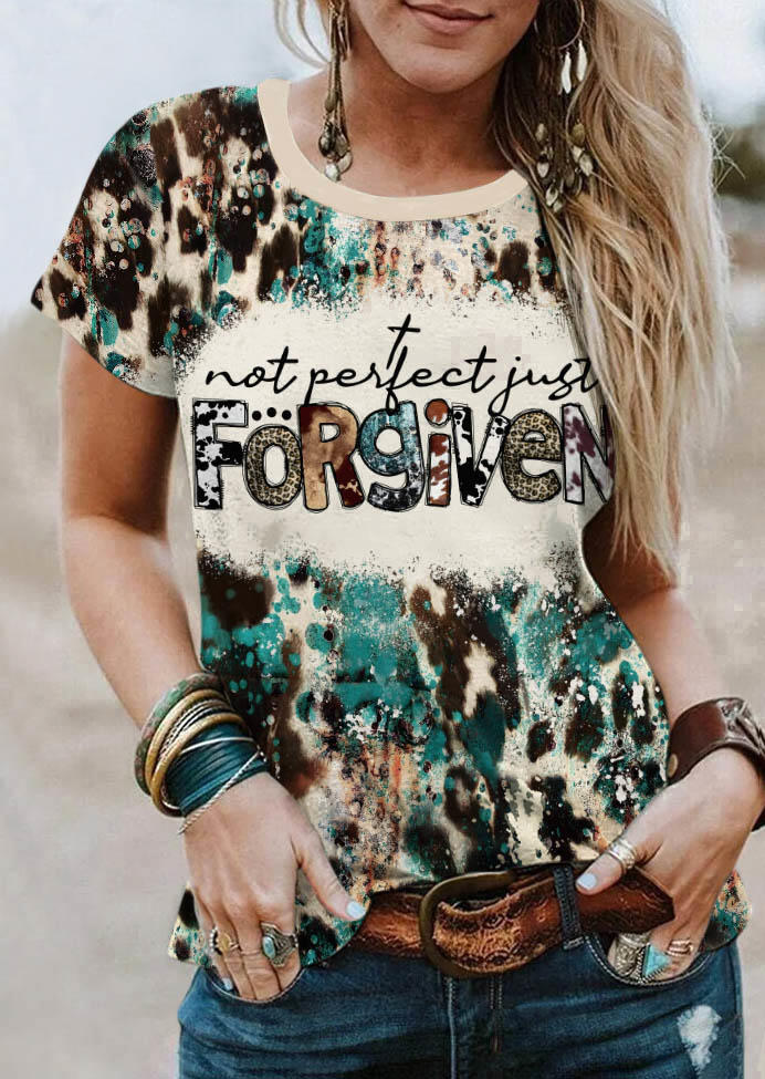 Not Perfect Just Forgiven Leopard Cow Bleached T-Shirt Tee