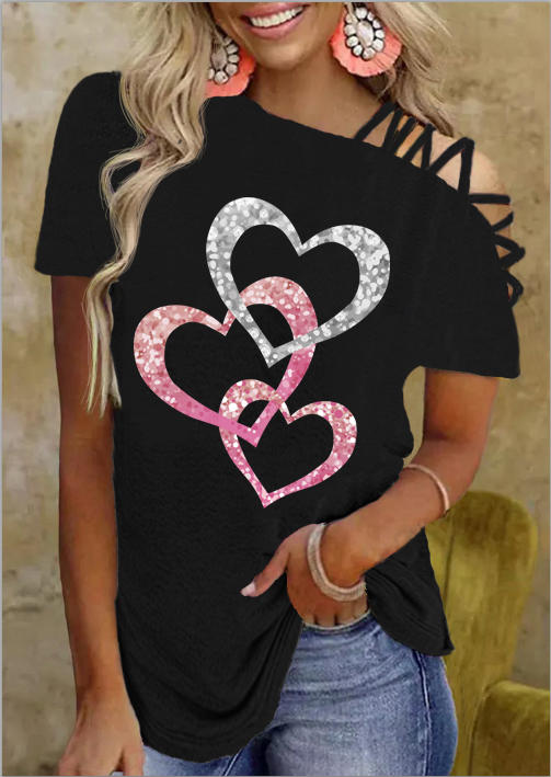 Valentine Glitter Heart Criss-Cross Blouse - Black