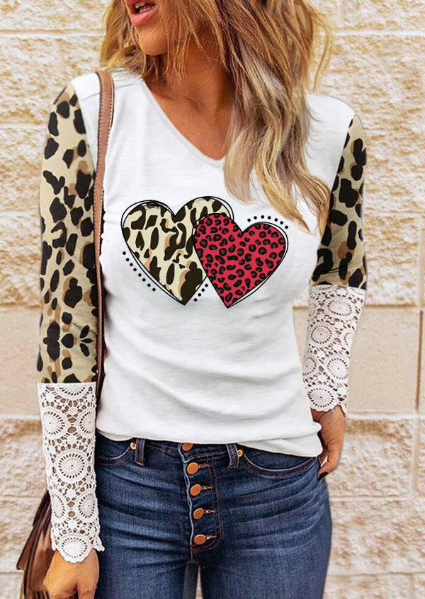 Blouses Valentine Plaid Heart Leopard Lace Splicing Blouse in Multicolor. Size: L,M,S,XL