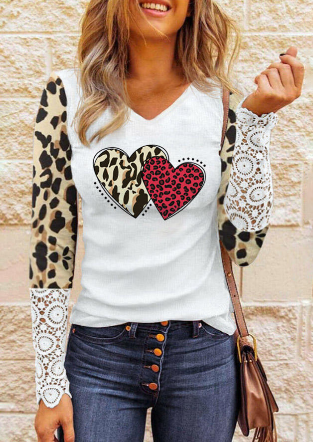 Valentine Plaid Heart Leopard Lace Splicing Blouse