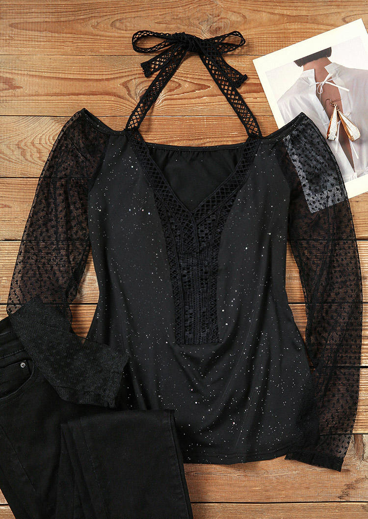 

Blouses Glitter Lace Mesh Splicing Halter Blouse in Black. Size