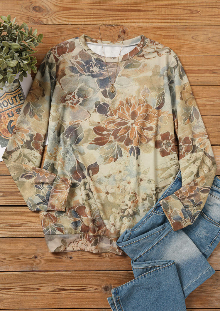 

Sweatshirts Floral Distressed O-Neck Sweatshirt in Multicolor. Size