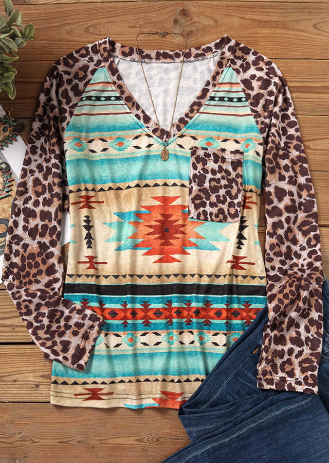 

Blouses Aztec Geometric Leopard Pocket Blouse in Multicolor. Size