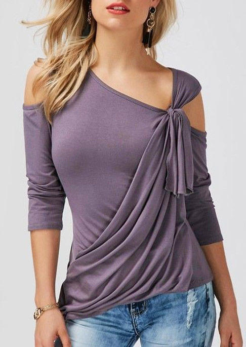 

Blouses Wrap Tie Cold Shoulder Blouse in Purple. Size: L,M,S