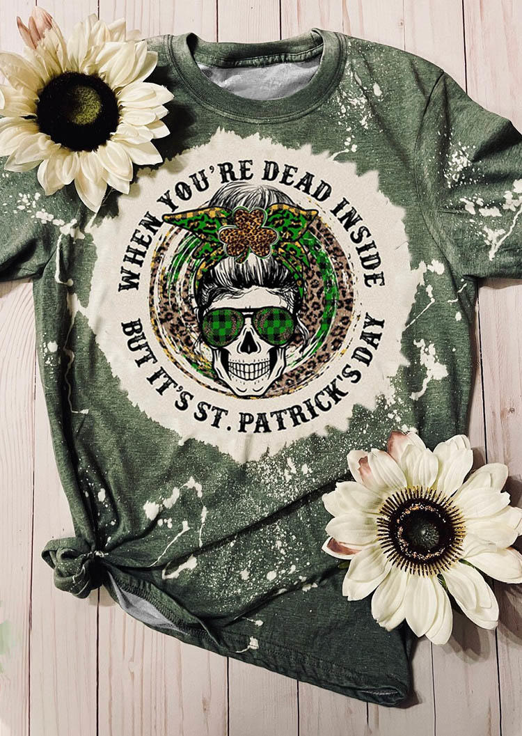 

T-shirts Tees St. Patrick' Day Leopard Plaid Skull Bleached T-Shirt Tee in Green. Size: L,M,,XL