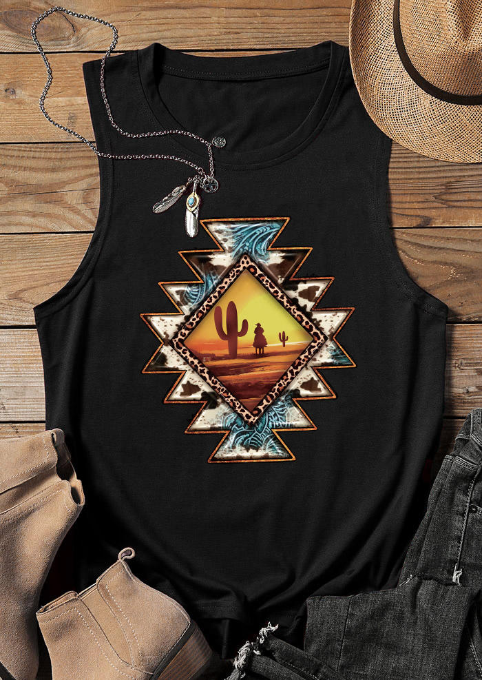 

Tank Tops Aztec Geometric Sunset Cow Cactus Tank Top in Black. Size: ,XL