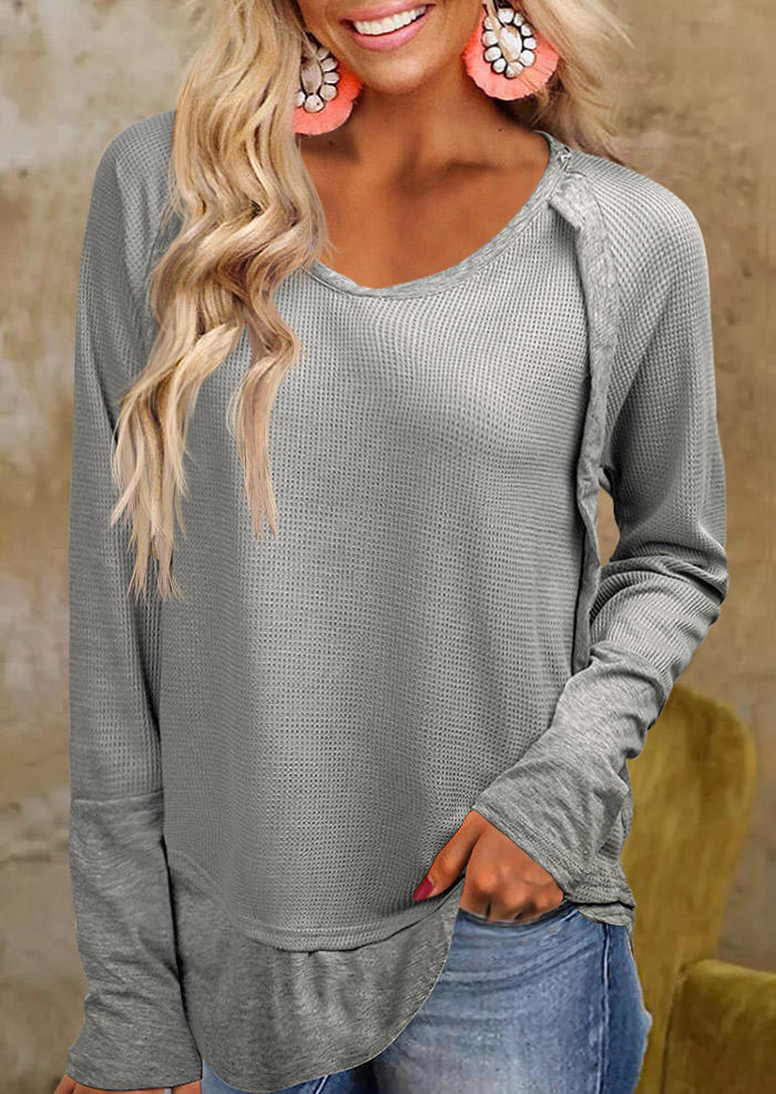 Blouses Splicing Long Sleeve O-Neck Waffle Blouse in Gray. Size: M,S,XL