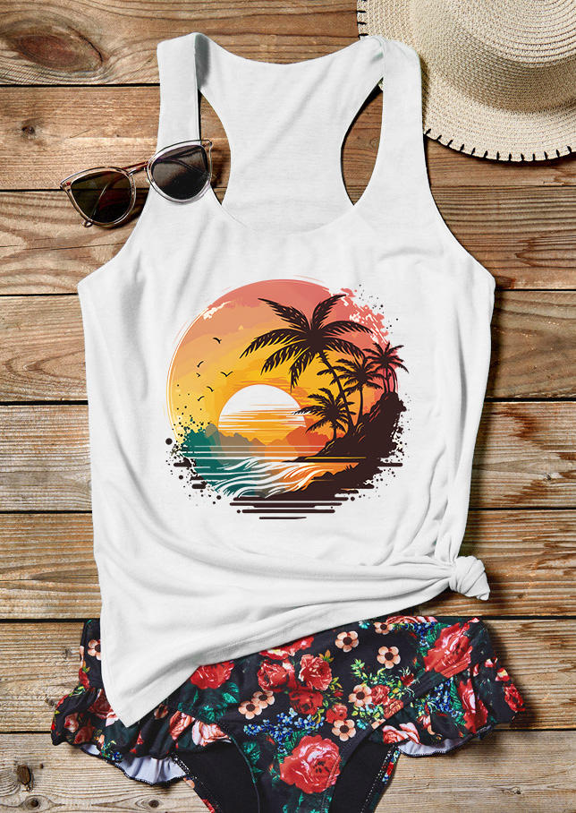Coconut Tree O-Neck Racerback Tank - White