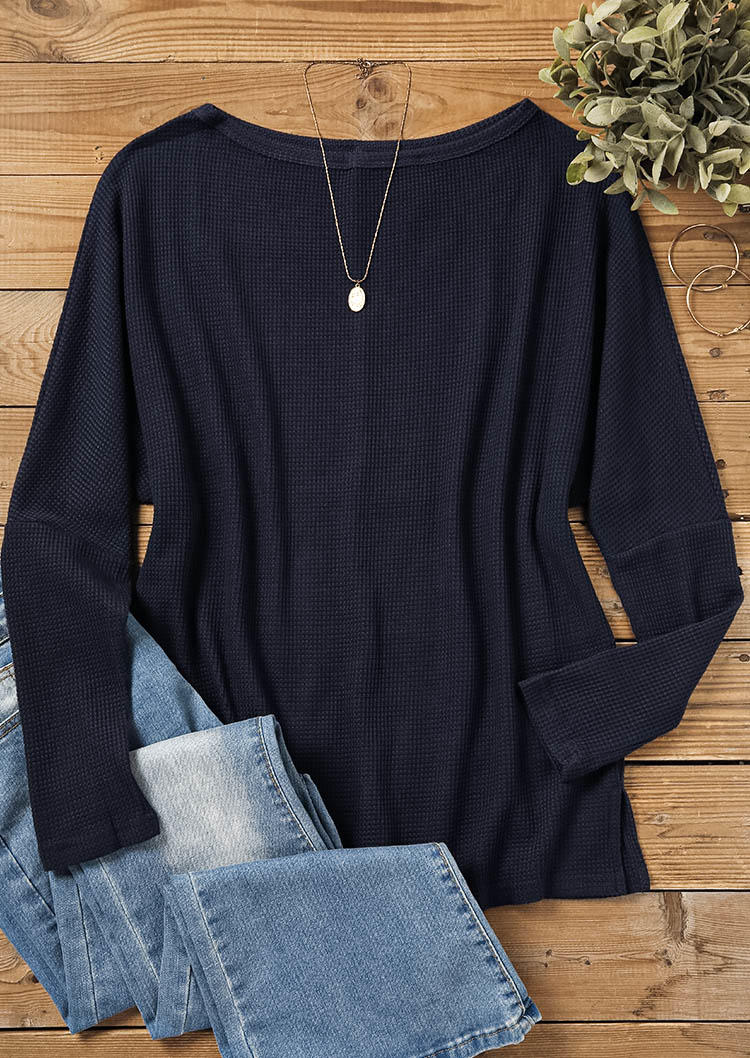 Blouses Waffle Slash Collar Long Sleeve Blouse - Navy Blue in Blue. Size: M,S,XL