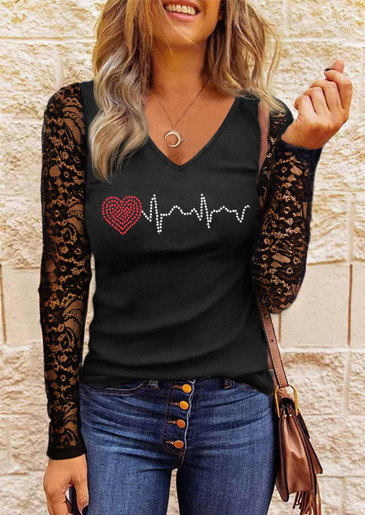 

Blouses Valentine ECG Heartbeat Lace Splicing V-Neck Blouse in Black. Size: L,M,,XL