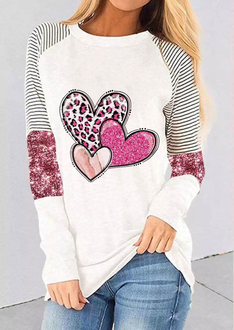 Valentine Leopard Glitter Heart Striped T-Shirt Tee - White