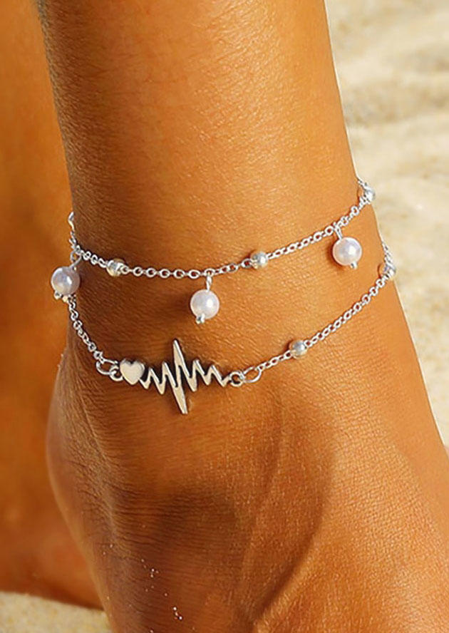 

Body Jewelry Valentine Heart ECG Heartbeat Pearl Dual-Layered Anklet in Silver. Size