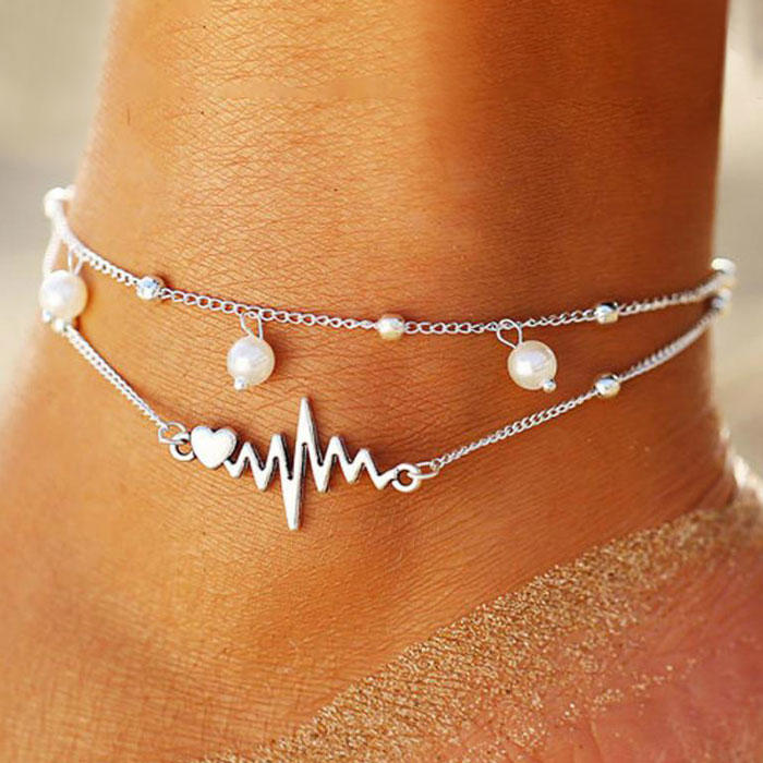 Valentine Heart ECG Heartbeat Pearl Dual-Layered Anklet