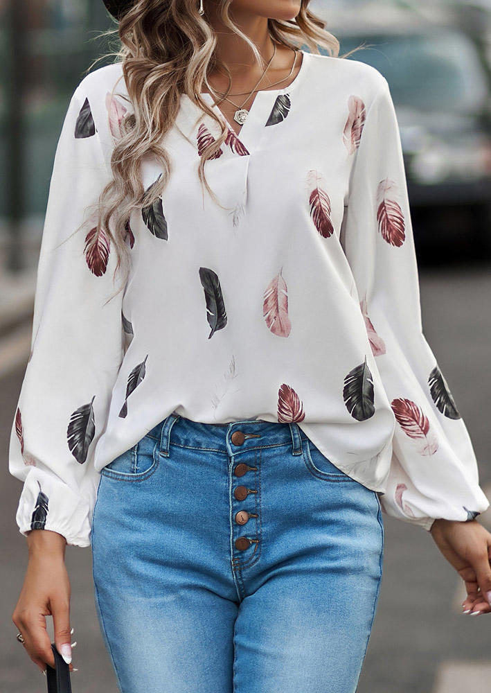 

Blouses Feather Notched Neck Blouse in White. Size: M