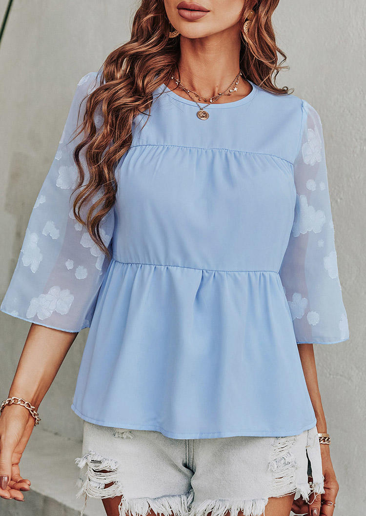 Blouses Button Lace Splicing O-Neck Blouse in Blue. Size: L,M,S,XL