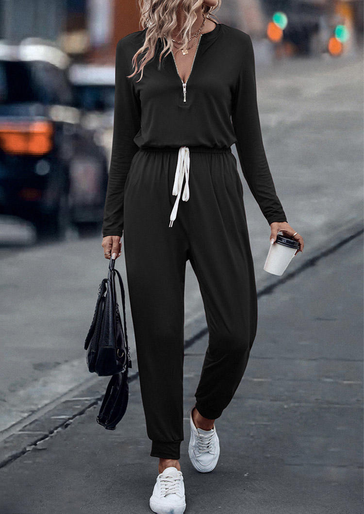 

Jumpsuits & Rompers Zipper Collar Tie Pocket Long Sleeve Jumpsuit in Black. Size