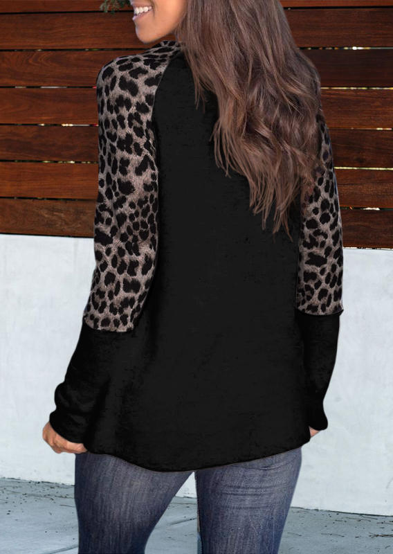 Blouses Leopard Raglan Sleeve O-Neck Blouse in Black. Size: L,XL