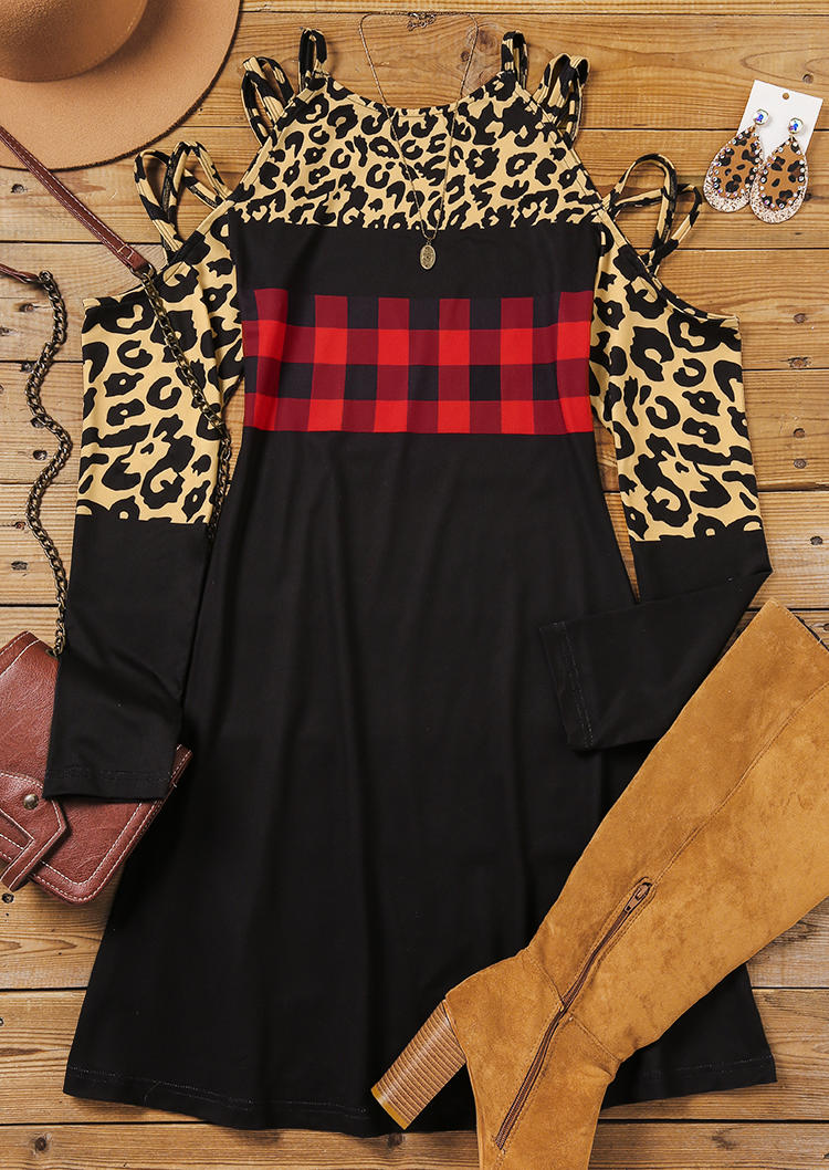 

Mini Dresses Leopard Plaid Cold Shoulder Mini Dress in Black. Size: L,M,,XL