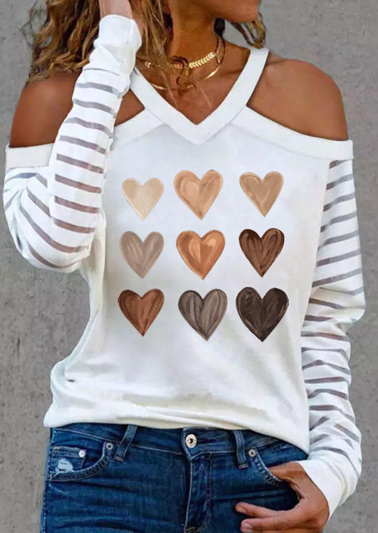 

Blouses Valentine Striped Heart Cold Shoulder Blouse in White. Size: L