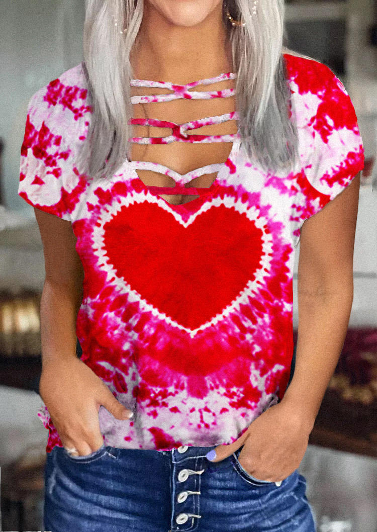 Blouses Valentine Tie Dye Heart Criss-Cross Blouse in Red. Size: L,M,S,XL