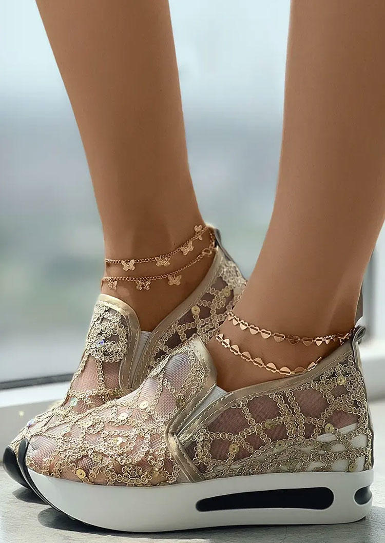 Sequined Mesh Slip On Platforms Sneakers without Anklet - Gold