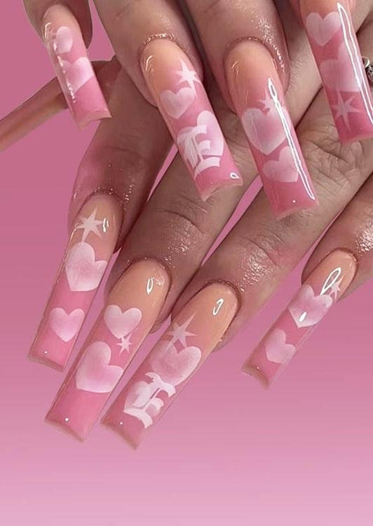 Beauty Valentine Heart Fake Nail Set in Pink. Size: One Size