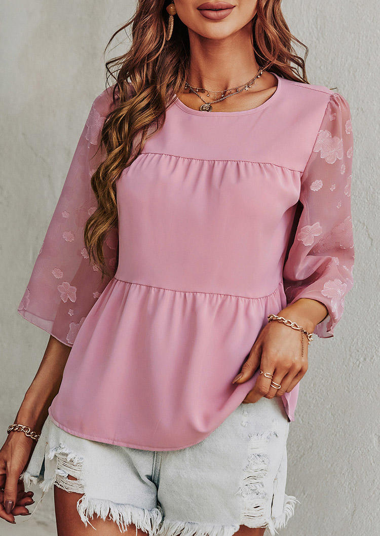 

Blouses Floral Button Ruffled Lace Splicing Blouse in Pink. Size: L,M,,XL