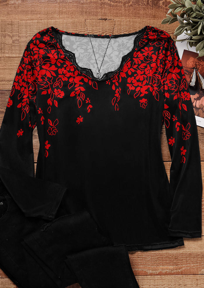 Floral Lace Splicing Long Sleeve Blouse - Red
