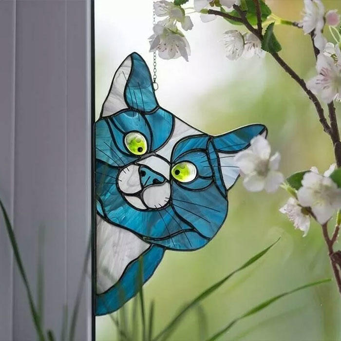 

Stained Glass Cat Window Hanging Ornament in Blue. Size