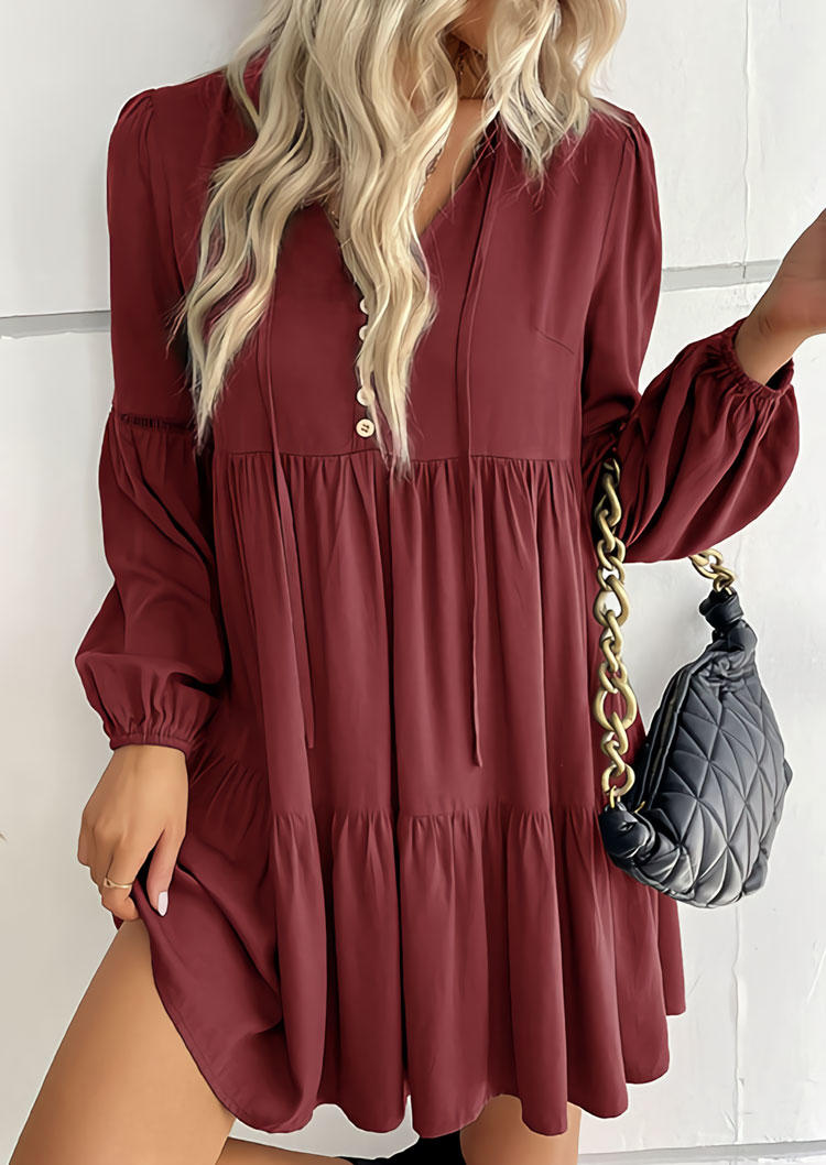 Button Ruffled Elastic Cuff Mini Dress - Burgundy