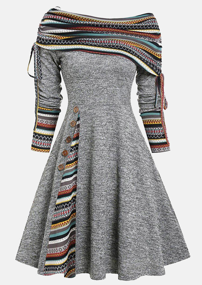 

Mini Dresses Ethnic Off Shoulder Button Mini Dress in Gray. Size: L,M,,XL