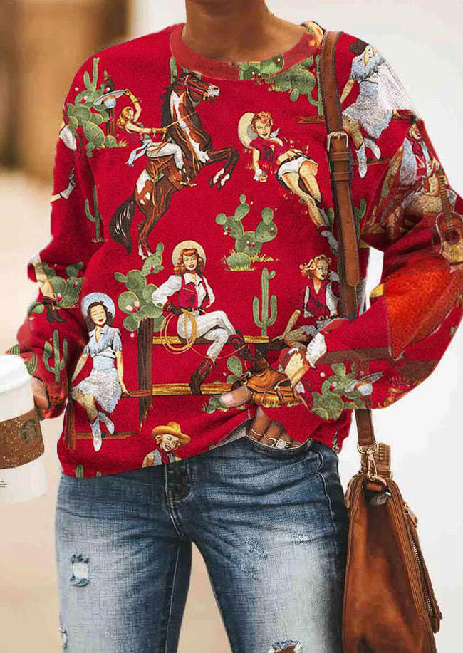 

Sweatshirts Cowgirl Cactus Pullover Long Sleeve Sweatshirt in Red. Size: L,M,,XL