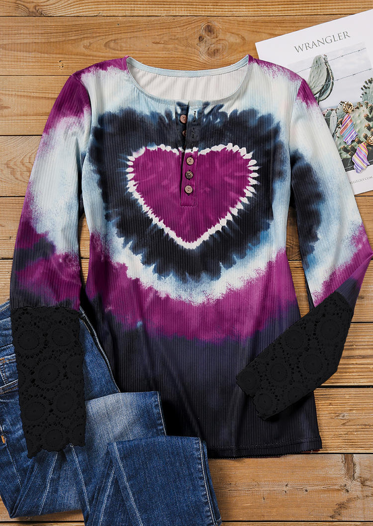 

Blouses Tie Dye Heart Button Lace Splicing Blouse in Multicolor. Size: L