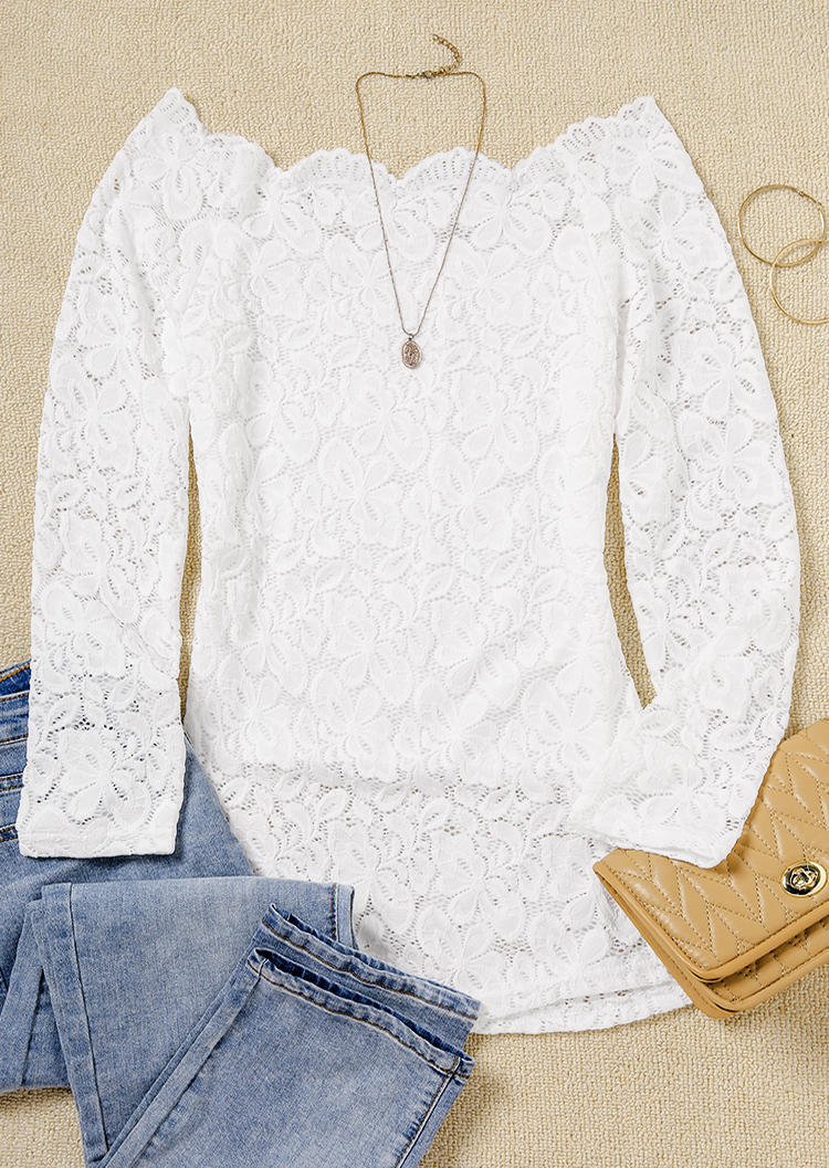 

Blouses Lace Splicing Long Sleeve Blouse in White. Size