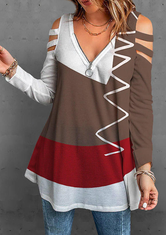 

Blouses Color Block Zigzag Zipper Hollow Out Blouse in Multicolor. Size: L,M,,XL