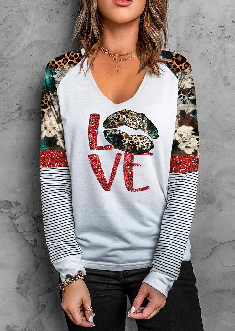 Valentine Love Leopard Glitter Striped T-Shirt Tee - White