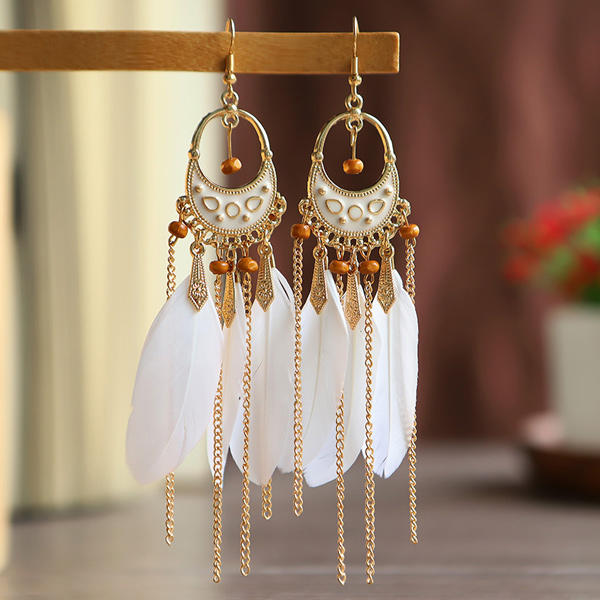 Vintage Tassel Feather Beading Hook Earrings
